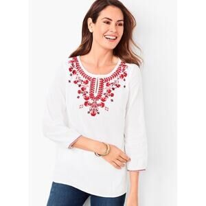 Talbots Top Womens Embroidered Crinkle Gauze Popover Blouse White Red Size XL